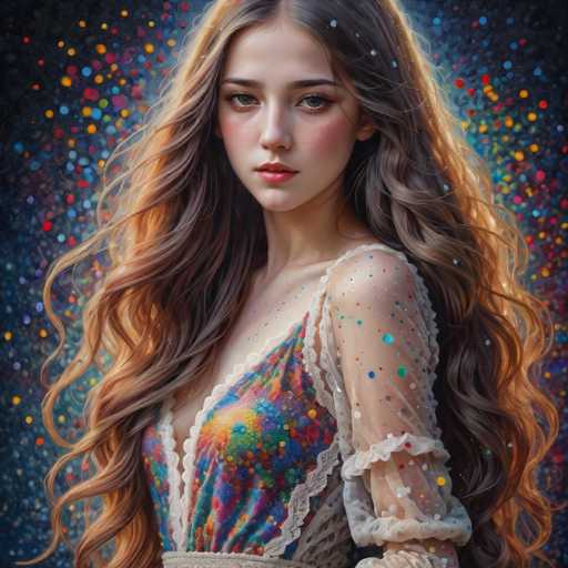 A young woman with long brown hair is the central figure in this image. She is wearing a white dress adorned with colorful polka dots and lace trim. The background features a dark blue sky speckled with small circles of light, creating an ethereal atmosphere that complements her appearance.