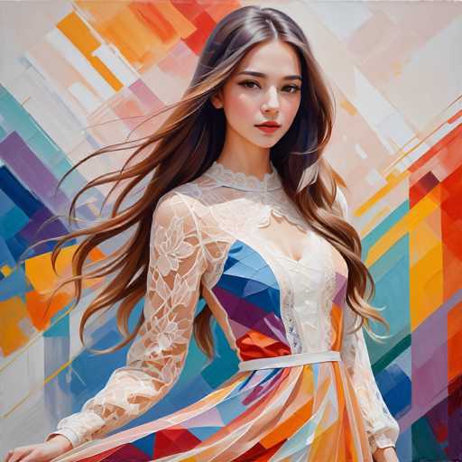 The image depicts a young woman with long brown hair wearing an intricately designed dress featuring a white lace bodice and colorful skirt. The background is a vibrant display of geometric shapes in various colors including orange, blue, green, purple, pink, yellow, and red.