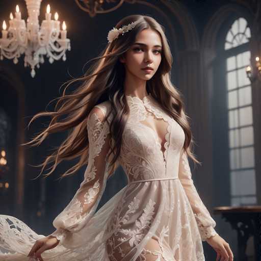 A woman with long brown hair is the central figure in this image. She is wearing a white dress that has lace detailing and a train trailing behind her as she walks through an ornate room. The room features a large window on one side and a chandelier hanging from the ceiling, casting light onto the scene below.