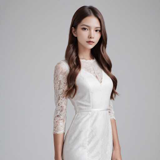 A young woman with long brown hair is standing against a gray background wearing a white dress with lace sleeves and a deep V-neckline.