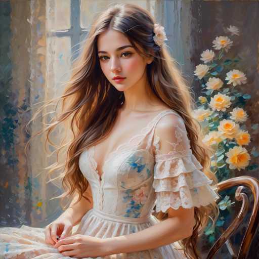 A young woman with long brown hair is seated on a wooden chair, wearing a white dress adorned with blue and pink flowers. The background features a window covered by a curtain that displays yellow flowers, creating an artistic and dreamy atmosphere.