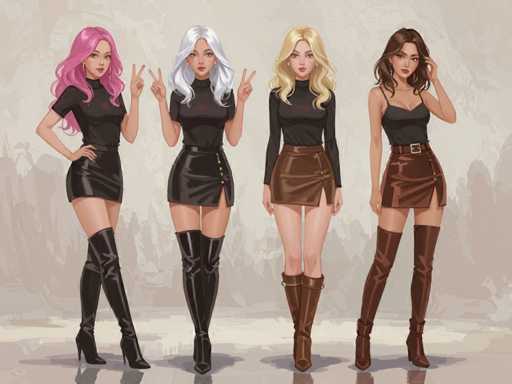 The image features four beautiful women standing side by side, each wearing a different colored dress. They are all posing for the camera with their hands raised in peace signs. The dresses they wear vary in color and style, adding diversity to the scene. The women appear to be dressed up for an event or gathering, showcasing their unique fashion choices.