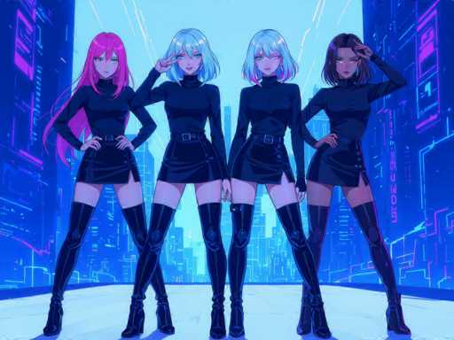 The image features four women standing side by side in front of a cityscape. They are all dressed in black outfits and high-heeled boots, giving them an edgy and stylish appearance. The city behind them is illuminated with neon lights, creating a vibrant atmosphere that complements their attire. Each woman has her hand on her hip, adding to the overall confident and fashionable vibe of the scene.
