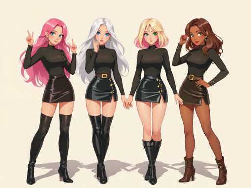 The image features four beautiful women standing side by side, each wearing a black outfit and high heels. They are all posing for the camera with their hands on their hips or in front of them, showcasing their stylish attire. The women appear to be friends or acquaintances, as they are all facing the same direction while maintaining an equal distance from one another.