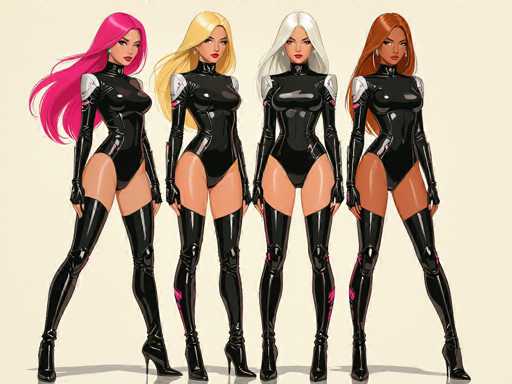 The image features a group of four women standing in a row, all wearing tight black leather outfits and high heels. They are posing for the camera with their legs crossed, giving off an air of confidence and elegance. The women's attire is striking and eye-catching, making them stand out as the main focus of the scene.