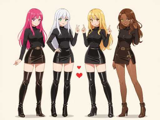 "Four girls in black dresses pose for a picture, each holding up their hands with fingers crossed. The girl on the far left has pink hair and is wearing a red skirt, while the other three girls have blonde hair and are dressed in black dresses. They all seem to be enjoying themselves as they pose together."