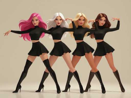 The image features a group of four beautiful women posing together in black outfits. They are all standing on the same side, with their arms outstretched and hands placed on their hips. The girls have long hair that adds to their elegant appearance. Each woman is wearing high heels, which accentuates their stylish attire. Their poses create an impression of unity and harmony as they stand shoulder-to-shoulder in this striking scene.