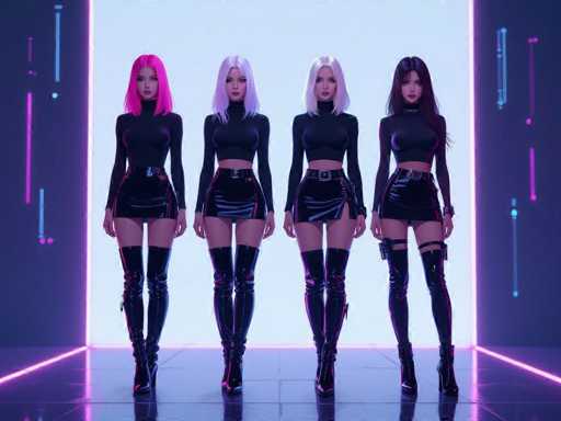 The image features four women standing side by side in a row, all wearing black outfits and tall boots. They are positioned next to each other on a runway or stage, creating an impressive visual display. The girls appear to be posing for the camera, showcasing their stylish attire and confident demeanor.