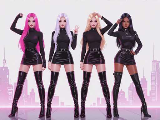 The image features four women standing next to each other in a row, all wearing black outfits and tall boots. They are posing for the camera with their arms raised, giving off an impression of confidence and unity. The background is a cityscape filled with buildings, adding depth to the scene and emphasizing the urban setting.