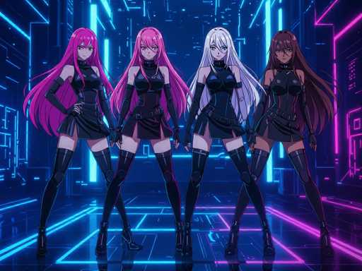The image features four anime girls dressed in black outfits, standing on a platform with neon lights. They are all facing the same direction and appear to be posing for a photo or participating in an event together. The girls have long hair that is styled in different ways, adding variety to their appearances. Their poses convey a sense of unity and camaraderie among them as they share this moment under the glow of the neon lights.