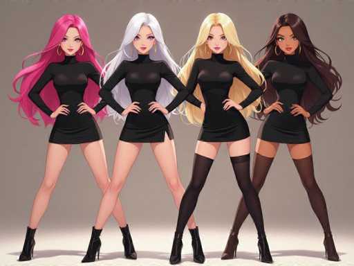 The image features a group of four beautiful women standing next to each other, all dressed in black dresses. They are posing for the camera with their hands on their hips and their legs crossed, giving off an elegant and confident vibe. The women vary slightly in height and pose, adding diversity to the scene. Their outfits consist of long dresses that accentuate their figures, making them look stunning together as a group.