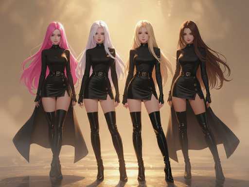 The image features four women standing side by side, all dressed in black outfits and high heels. They are positioned on a runway or stage, with their legs crossed as they pose for the picture. The girls have long hair that falls down to their knees, adding an elegant touch to their overall appearance. Their poses suggest confidence and poise, making them look like professional models or performers.