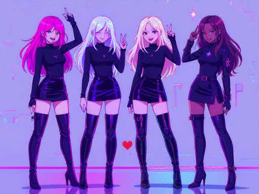 The image features four girls dressed in black outfits, each standing on a stage with purple lights illuminating the scene. They are all posing for a picture and holding up their fingers as if they're waving or making peace signs. The girls' poses create an artistic and visually appealing composition that captures the essence of camaraderie and unity among them.