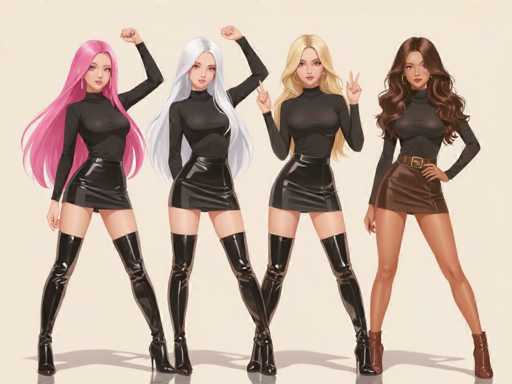 The image features four beautiful women standing side by side, each wearing a black outfit and tall boots. They are all posing for the camera with their arms raised in different directions, showcasing their unique styles and personalities. The women appear to be dressed up for a special occasion or event, as they exude confidence and elegance in their attire.