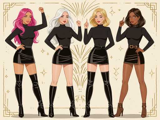 The image features four beautiful women standing side by side, each wearing a black dress and high heels. They are all posing for the camera with their hands raised in victory or celebration. The background of the image is adorned with gold stars, adding an elegant touch to the overall scene.