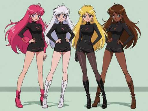 The image features four cartoon girls with long hair, each wearing a black dress and boots. They are standing next to each other in a row, posing for the picture. The girls have different hair colors - one has pink hair, another has blonde hair, while the third girl has brown hair. Their outfits also vary slightly, but they all share the common theme of being dressed up as characters from a cartoon or anime.