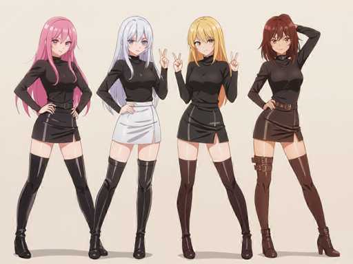 The image features four beautiful women standing side by side, all dressed in black outfits and high heels. They are posing for a picture with their arms raised in the air, creating an artistic and stylish scene. The girls appear to be identical twins or very similar individuals, which adds to the uniqueness of the image.