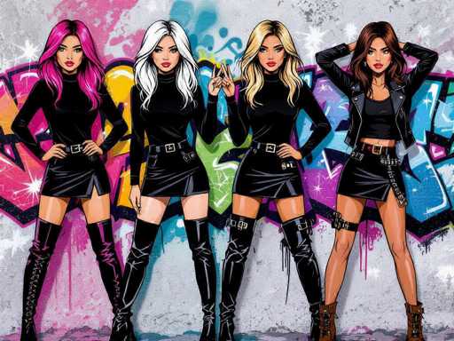 The image features four beautiful women posing together in front of a graffiti-covered wall. They are all dressed up and standing close to each other, giving the impression that they are part of an artistic or creative project. The girls appear to be wearing high heels, which adds to their stylish appearance as they pose for the photo.