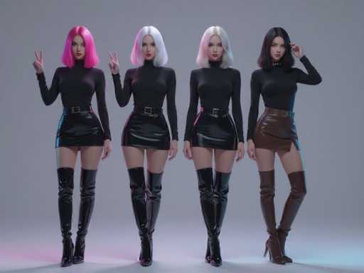 The image features a group of four women standing next to each other, all dressed in black outfits and high-heeled boots. They are posing for the camera with their hands raised in the air, creating an artistic and stylish composition. The women's hair is styled in different ways, adding variety to the overall look. Their poses convey confidence and unity as they showcase a cohesive fashion statement together.