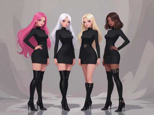 The image features four beautiful women standing next to each other, all dressed in black dresses and high heels. They are positioned on a gray surface, which provides a neutral backdrop for their outfits. The women appear to be posing for the camera or possibly participating in an event that requires them to wear such attire. Their poses convey confidence and elegance as they stand together against this background.