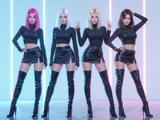 The image features a group of four women posing together in front of a white background. They are all wearing black outfits, which include high-heeled boots and thigh-high skirts or dresses. The women appear to be dressed for a special occasion or event, as they are standing close to each other with their arms around one another's shoulders. Their poses suggest that they might be part of a performance or photoshoot, possibly related to music or fashion.