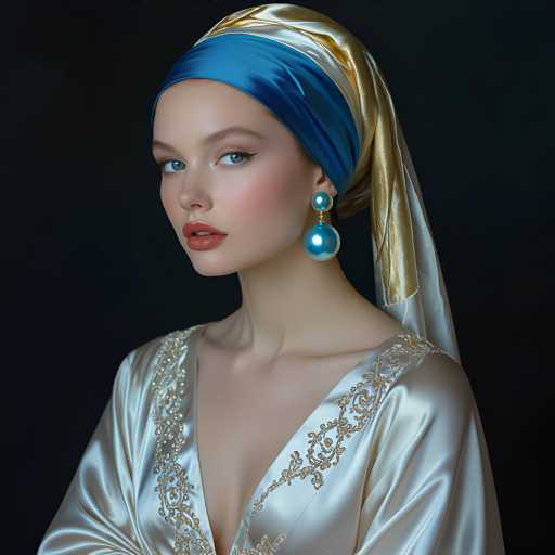 A woman is captured wearing a blue and gold headscarf with a gold earring on her left ear. She has blonde hair styled in loose waves and is dressed in a white dress with a gold patterned design. The background is black, which contrasts with the woman's attire and accentuates her features.
