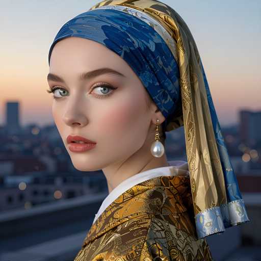 The image shows a young woman with striking blue eyes and long brown hair wearing a gold and blue headscarf that is tied at the back of her neck. She has a white dress on underneath the headscarf, which contrasts beautifully against the blue and gold colors of the scarf. The background features an urban cityscape with buildings and lights, suggesting that she might be in a bustling city or near a popular tourist spot.