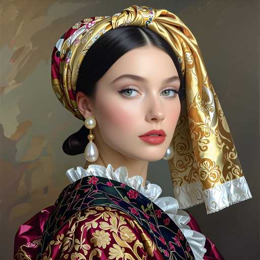 A woman with long dark hair is the central figure in this image. She is wearing a gold and red headscarf that matches her dress, which features a floral pattern. The background of the image is a dark green color, providing a stark contrast to the woman's attire. The woman has on a pair of earrings and a necklace, adding to her elegant appearance.