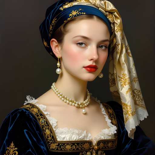 The image depicts a young woman wearing a blue and gold dress with a white lace collar and a matching headpiece featuring a gold and blue design on the side. She is wearing a pearl necklace and earrings that complement her attire. The background of the image is dark gray, providing a stark contrast to the woman's colorful outfit.