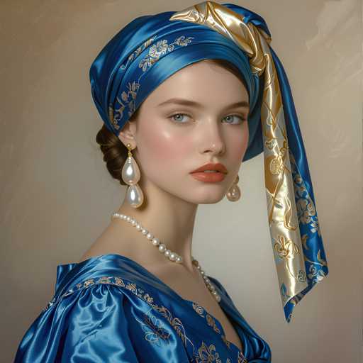 A woman is captured in a portrait-style image against a beige background. She wears a blue headscarf with gold accents and a matching blue dress adorned with gold embroidery. The woman's hair is styled in an elegant updo, and she sports large pearl earrings that complement her attire.