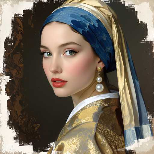 The image shows a woman wearing a blue and gold headpiece with a pearl on it. She is dressed in a gold and white outfit that includes a scarf draped around her neck. The background of the image is dark, which contrasts with the bright colors of the woman's attire.