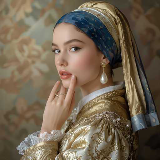A young woman with blonde hair and blue eyes is wearing a gold headpiece that has a blue and white pattern on it. She is dressed in a white dress with gold embroidery and a matching gold headband. The background features a floral patterned wall.
