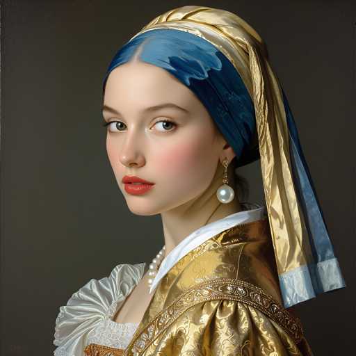 A woman wearing a gold and blue headpiece with a pearl earring is the central focus of this image. She has blonde hair styled in loose waves and is looking directly at the camera with an expression of concentration or thoughtfulness. The background is dark gray, providing a stark contrast to her figure and making her the focal point of the composition.