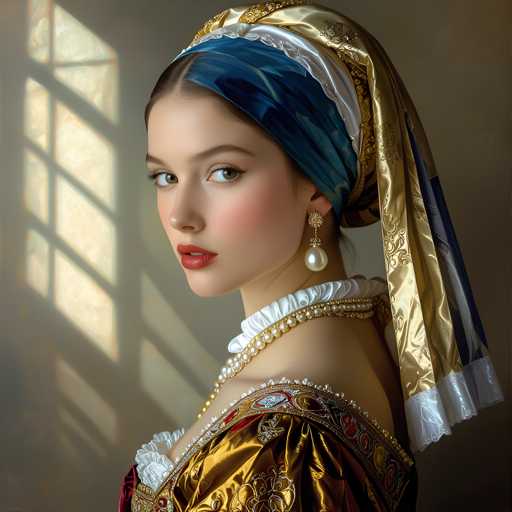 A woman is captured in a portrait-style image against a beige background with a window and a white curtain. She wears a gold headpiece that features a blue band adorned with pearls, and a red lipstick. The woman's gaze is directed towards the camera, creating an engaging visual connection between her and the viewer.