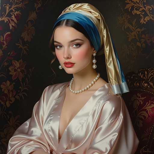 The image depicts a woman wearing a pink robe and a blue headscarf with pearl earrings. She is seated on a red chair against a black background adorned with gold floral patterns.