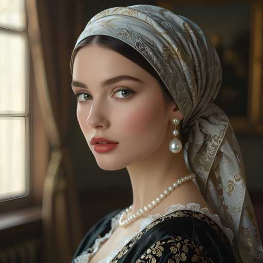 A woman with long brown hair is wearing a white headscarf and earrings. She has a pearl necklace around her neck and is looking directly at the camera. The background features a window with curtains that are partially drawn back, allowing natural light to enter the room.