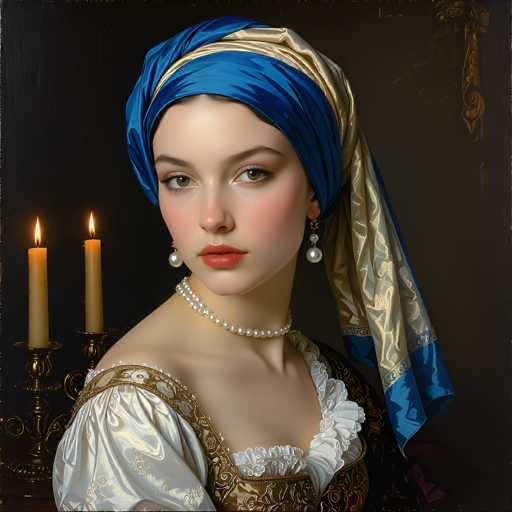 A portrait of a woman in Renaissance-era attire, with a focus on her face and upper body. She wears a blue turban-like head covering with gold accents, a white blouse with intricate gold detailing on the sleeves and neckline, and a pearl necklace. Her expression is serene and her gaze is directed towards the viewer. Two lit candles in ornate golden candle holders flank her, casting a warm glow on her face and the surrounding dark background. The overall style is reminiscent of a Renaissance painting, with a focus on soft lighting and detailed textures.