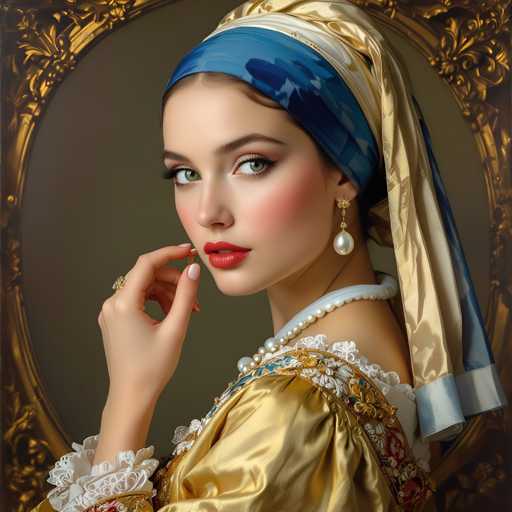 A woman with striking blue eyes and a pearl necklace is captured in a portrait setting against a gold background. She is wearing a yellow dress that complements her blue headscarf. The image does not contain any discernible text or other objects, making the focus solely on the woman's features and attire.