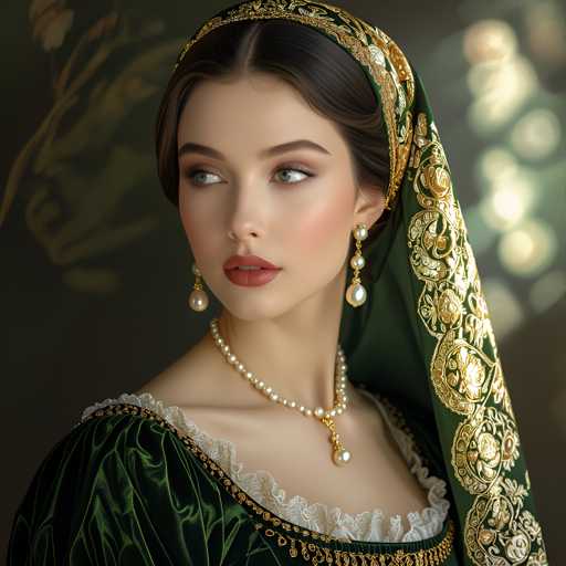 A woman with long dark hair is the central figure in this image. She is wearing a green dress and a gold headpiece that includes a large pearl earring on her left ear. The background features a blurred tree branch pattern, adding depth to the scene.