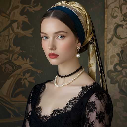 The image shows a woman wearing a black lace dress with a gold and blue scarf draped over her shoulders. She is also wearing a pearl necklace and earrings. The background features a dark green floral patterned wall.
