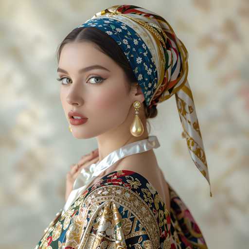 A woman with long dark hair is wearing a blue and white headscarf adorned with gold flowers on her left side. She is also wearing a necklace featuring a large pearl pendant that hangs down from the collar of her dress. The background features a blurred image of a wall, which appears to be a painting or wallpaper pattern in shades of pink and green.