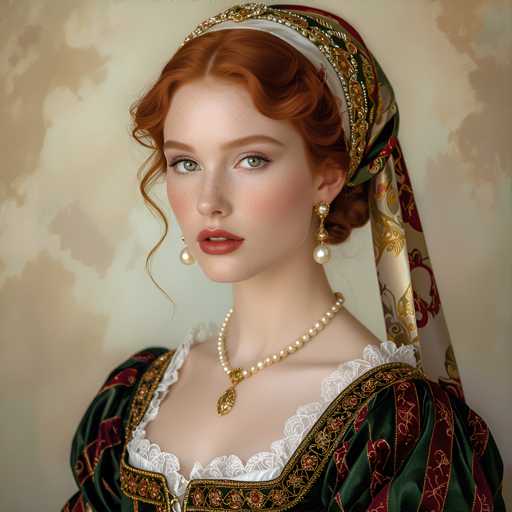 A woman with red hair and a green headband is the main subject of this image. She is wearing a dress that is predominantly green and white, with gold accents. The background features a beige color scheme with some floral patterns.