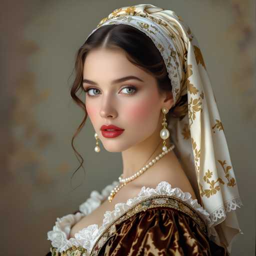 A woman with long brown hair is wearing a white headband and earrings that include pearls. She is dressed in a brown dress with lace sleeves and a gold brocade collar. The background features a greenish-blue color scheme with white floral patterns.