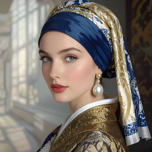 The image shows a woman wearing a blue and gold headscarf with a pearl earring. She is dressed in a white blouse and gold skirt, which contrasts with the blue and gold of her headscarf. The background features a window that allows natural light to enter the room, creating an atmosphere of warmth and comfort.