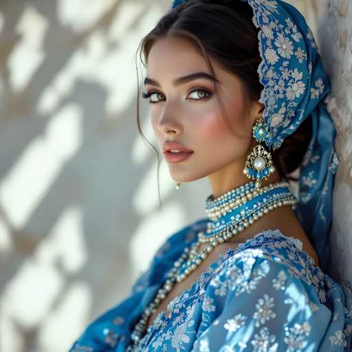 A woman is captured from the shoulders down, wearing a blue dress with white lace detailing and a matching headpiece featuring a blue floral design. She has her hair styled in an elegant updo and is wearing a pair of earrings that complement her attire. The background appears to be a wall or building, providing context for the setting where she is posing.
