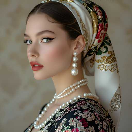 A portrait of a young woman with striking features, wearing traditional Middle Eastern attire. She is adorned in an ornate black and gold patterned dress with a matching headscarf, complemented by multiple pearl necklaces. Her makeup is bold, featuring dramatic eyeliner and a vibrant red lipstick. She has fair skin, dark hair styled in an elegant updo, and piercing green eyes that gaze directly at the viewer. The background is a soft, muted beige with subtle texture, drawing all attention to the woman's captivating portrait. The overall lighting is soft and diffused, enhancing the richness of her attire and makeup.