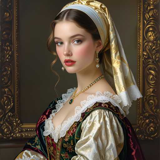 A woman is captured in a portrait against a dark green background with gold accents. She wears a white dress adorned with red and gold embroidery, complemented by a gold headpiece featuring a blue and gold design. The woman's hair is styled in loose curls, and she wears a gold necklace and earrings that match the headpiece.