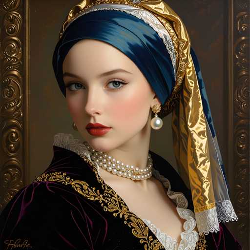 The image depicts a woman wearing a blue and gold headpiece with a white lace trim, a pearl necklace, and a red lip color. The background is dark brown, and the woman's face is the main focus of the image.