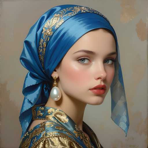 The image depicts a woman wearing a blue headscarf with gold accents and a pearl earring. She is looking directly at the camera with a neutral expression. The background appears to be a light brown color, which contrasts with her attire and accentuates her features.