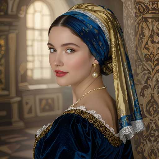 A woman is captured from the shoulders down, wearing a blue and gold headpiece with a white lace trim that matches her dress. She has long dark hair styled in an elegant updo, and she wears a gold necklace with a pearl pendant. The background features a window adorned with intricate designs, suggesting a grand or ornate setting.